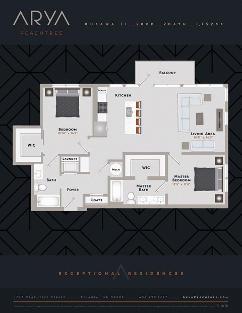 Two Bedroom Two Bath Kusama 2 floor plan at Arya Peachtree, Atlanta